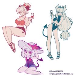 Rule 34 | 3girls, animal ears, baphomet (grizz), black horns, black one-piece swimsuit, black tail, breasts, camisole, cleavage cutout, closed eyes, clothing cutout, crescent moon, crop top, cup, demon girl, demon horns, demon tail, drinking glass, flower, full body, goat ears, goat horns, goat tail, grizz, hair ribbon, hand on headwear, hat, hat flower, helltaker, highres, holding, holding cup, horizontal pupils, horns, krampus (grizz), large breasts, long hair, looking at viewer, lucifer (helltaker), medium hair, midriff, moon, moon tattoo, multiple girls, navel, navel cutout, one-piece swimsuit, parody, plaid, plaid shirt, red eyes, red shirt, ribbon, sandals, shirt, short hair, shorts, smile, style parody, sun hat, swimsuit, tail, tattoo, twitter username, underboob cutout, vanripper (style), white background, white hair, white horns, wine glass