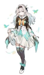 Rule 34 | 1girl, black hairband, black hood, black thighhighs, bug, butterfly, cowboy shot, dress, ebitendon, firefly (honkai: star rail), glowing butterfly, grey hair, hairband, highres, honkai: star rail, honkai (series), insect, long hair, simple background, sketch, skirt, solo, thighhighs, white background, white dress, white skirt