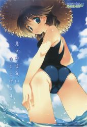 Rule 34 | 00s, 1girl, absurdres, amazuyu tatsuki, ass, back, blue eyes, blush, brown hair, cloud, day, from behind, from below, hat, highres, komaki ikuno, long hair, looking back, ocean, one-piece swimsuit, outdoors, scan, scan artifacts, school swimsuit, shochuumimai, sky, solo, straw hat, swimsuit, to heart (series), to heart 2, to heart 2 ad, translation request, wading, water, wet