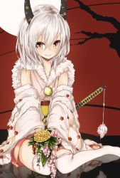 Rule 34 | 1girl, detached sleeves, flower, full moon, horns, japanese clothes, katana, la-na, looking at viewer, moon, original, red eyes, reflection, short hair, silver hair, sitting, smile, solo, sword, thighhighs, weapon, white thighhighs
