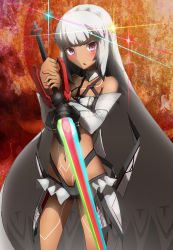 Rule 34 | 1girl, altera (fate), blush, bodypaint, dark-skinned female, dark skin, detached sleeves, fate/grand order, fate (series), gradient background, highres, long hair, midriff, navel, photon ray (fate), red eyes, solo, sword, very long hair, weapon, white hair