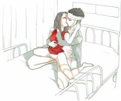 Rule 34 | 1boy, 1girl, bandages, bed, black hair, bottomless, grabbing another&#039;s breast, commentary, couple, closed eyes, grabbing, grabbing from behind, hetero, hospital, hospital bed, hug, hug from behind, indoors, kiss, kneeling, long hair, lowres, reverse cowgirl position, ryuko azuma, sex, sex from behind, short hair, sketch, straddling, traditional media, vaginal