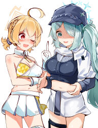 Rule 34 | 2girls, ?, absurdres, ahoge, aqua eyes, aqua hair, arm across waist, belly grab, blonde hair, blue archive, blue halo, blush, braid, breasts, cleavage, collarbone, commentary request, cowboy shot, crop top, gloves, hair between eyes, hair ornament, hair over one eye, hairclip, halo, hat, highres, hiyori (blue archive), kotori (blue archive), kotori (cheer squad) (blue archive), large breasts, long hair, long sleeves, looking down, midriff, millennium cheerleader outfit (blue archive), miniskirt, multiple girls, navel, one eye closed, open hand, open mouth, pleated skirt, pointing, pointing up, red eyes, shi (kamokamo910), short twintails, side ponytail, simple background, skirt, star halo, sweat, tearing up, thigh strap, triangle halo, twintails, white background, white gloves, white skirt, wing collar, yellow halo