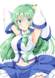 Rule 34 | 1girl, :o, armpits, blue eyes, blue skirt, blush, breasts, commentary request, cowboy shot, detached sleeves, frog hair ornament, furrowed brow, green hair, hair ornament, kochiya sanae, large breasts, long hair, midriff, navel, open mouth, out-of-frame censoring, petticoat, presenting armpit, rururiaru, shirt, sidelocks, simple background, skirt, sleeves past fingers, sleeves past wrists, snake hair ornament, solo, standing, touhou, white background, white shirt