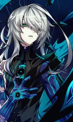 Rule 34 | 1boy, ainchase ishmael, apostasia (elsword), bad id, bad twitter id, colored skin, colored tongue, corruption, cracked skin, elsword, expressionless, green eyes, green tongue, grey hair, hand on own chest, hwansang, long hair, male focus, markings, pale skin, purple skin, ringed eyes, solo