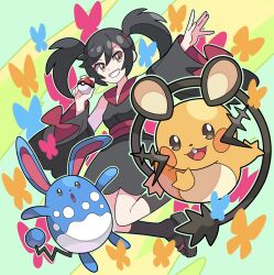 Rule 34 | 1girl, azumarill, bare shoulders, black hair, brown eyes, commentary request, creatures (company), dedenne, detached sleeves, eyelashes, furisode, furisode girl (pokemon), furisode girl kali, game freak, gen 2 pokemon, gen 6 pokemon, grin, hair between eyes, highres, holding, holding poke ball, japanese clothes, kimono, nintendo, outstretched arm, poke ball, poke ball (basic), pokemon, pokemon (creature), pokemon xy, sandals, smile, socks, sutokame, teeth, twintails, zouri