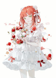 Rule 34 | 1girl, bow, bun cover, commentary, cowboy shot, double bun, dress, hair bow, hair bun, hair rings, heart, highres, holding, holding wreath, looking at viewer, mechari, open mouth, original, red bow, red hair, short sleeves, simple background, smile, solo, white background, white bow, white dress, yellow eyes