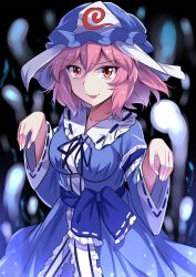 Rule 34 | 1girl, :p, arm garter, bad id, bad twitter id, black background, blue dress, blue hat, blue ribbon, blue sash, breasts, center frills, collarbone, commentary request, cowboy shot, dress, e.o., frilled shirt collar, frills, ghost pose, hair between eyes, hat, highres, hitodama, large breasts, long sleeves, looking at viewer, mob cap, neck ribbon, one-hour drawing challenge, pink eyes, pink hair, ribbon, ribbon-trimmed collar, ribbon trim, saigyouji yuyuko, sash, short hair, simple background, smile, solo, tongue, tongue out, touhou, triangular headpiece, veil, wide sleeves