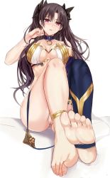 Rule 34 | 1girl, anus, bad id, bad twitter id, bare shoulders, barefoot, bikini, black choker, black hair, blue choker, blue thighhighs, blush, breasts, choker, cleft of venus, crown, dorsiflexion, earrings, fate/grand order, fate (series), feet, foot focus, foreshortening, full body, hair ribbon, half-closed eyes, highres, hoop earrings, ishtar (fate), jewelry, large breasts, long hair, looking at viewer, misaka 12003-gou, necklace, no panties, open mouth, parted bangs, plantar flexion, pussy, red eyes, revealing clothes, ribbon, simple background, single thighhigh, sitting, soles, solo, strapless, strapless bikini, swimsuit, thighhighs, toes, two side up, type-moon, uncensored, white background