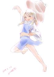 Rule 34 | 1girl, arm up, artist name, barefoot, blonde hair, blue skirt, blue vest, blush, brown hat, dated, female focus, flat chest, hair ribbon, happy, hat, highres, jumping, katsura dendou, leg up, long hair, long sleeves, looking at viewer, matching hair/eyes, midriff, miniskirt, moriya suwako, navel, open mouth, outstretched arm, panties, red ribbon, ribbon, shirt, sidelocks, signature, simple background, skirt, smile, solo, standing, standing on one leg, teeth, touhou, underwear, vest, white background, white panties, white shirt, wide sleeves, yellow eyes