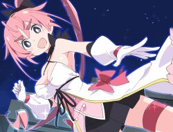 Rule 34 | 1girl, :d, bare shoulders, black eyes, black skirt, breasts, cleavage, commentary request, gloves, ixy, looking at viewer, lyristia, magical valkyrie lyristia, medium breasts, night, night sky, official art, open mouth, outdoors, pink hair, ponytail, skirt, sky, smile, solo, star (sky), thick eyebrows, thigh strap, thighs, white gloves