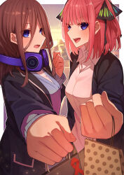 Rule 34 | 2girls, :d, absurdres, assertive female, black jacket, black ribbon, blue eyes, blunt bangs, blush, breasts, brown hair, butterfly hair ornament, clenched hand, collared shirt, commentary, embarrassed, eyelashes, eyes visible through hair, fingernails, foreshortening, gift bag, go-toubun no hanayome, hair ornament, hair over one eye, hair ribbon, half updo, hand up, headphones, headphones around neck, highres, jacket, large breasts, light particles, long hair, long sleeves, looking at viewer, medium hair, multiple girls, nakano miku, nakano nino, open clothes, open jacket, open mouth, pink hair, pov, reaching, reaching towards viewer, red ribbon, ribbon, shirt, siblings, sidelocks, sisters, smile, straight hair, tamago sando, teeth, twins, upper teeth only, valentine, white shirt
