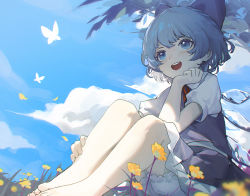 Rule 34 | 1girl, barefoot, blue bow, blue dress, blue eyes, blue hair, blush, bow, cirno, day, detached wings, dress, fairy, feet, flower, foreshortening, hair bow, ice, ice wings, open mouth, puffy short sleeves, puffy sleeves, shirt, short hair, short sleeves, siyumu, smile, solo, toes, touhou, white shirt, wings, yellow flower