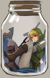 Rule 34 | 1boy, blonde hair, blue eyes, boots, bottle, earrings, green shirt, hat, highres, hyrule warriors, in container, irony, jewelry, link, male focus, mimme (haenakk7), nintendo, pointy ears, scarf, shirt, shoulder pads, solo, sword, the legend of zelda, weapon