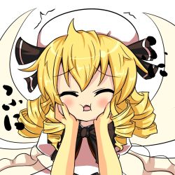 Rule 34 | 1girl, blonde hair, blush, bow, cheek squash, closed eyes, drill hair, fairy wings, female focus, hat, kururunpa, luna child, open mouth, puffy sleeves, solo, touhou, white background, wings