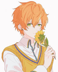 Rule 34 | 1boy, blonde hair, closed mouth, collared shirt, commentary request, earrings, flower, green eyes, hair between eyes, highres, holding, holding flower, jewelry, llli illli illl, long sleeves, looking at viewer, male focus, multicolored hair, official alternate costume, orange hair, project sekai, shinonome akito, shirt, short hair, simple background, solo, streaked hair, sunflower, sweater vest, the vivid old tale (project sekai), upper body, white background