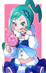 Rule 34 | 1girl, :p, arm warmers, arutarika (ri kaoekaki), blue vest, blush, buttons, closed mouth, collar, commentary request, creatures (company), doughnut, eyelashes, food, game freak, green eyes, green hair, hair ornament, hairclip, highres, holding, holding food, lisia (pokemon), looking down, nintendo, overskirt, pink background, pokemon, pokemon oras, ponytail, scarf, shorts, sidelocks, solo, sparkling eyes, star (symbol), tongue, tongue out, vest, white scarf, white shorts