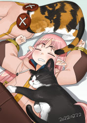 Rule 34 | animal, baggy clothes, baggy pants, black cat, button eyes, buttons, cat, closed eyes, coat, drooling, fate/grand order, fate (series), habetrot (fate), hirai yukio, long hair, lying, on back, pants, pink coat, pink hair, pink headwear, pointy ears, sleeping, zzz