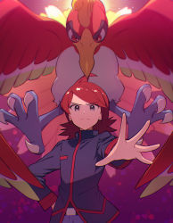 Rule 34 | 1boy, belt buckle, bird, buckle, closed mouth, commentary request, cowlick, creatures (company), frown, game freak, gen 2 pokemon, grey eyes, hand on own hip, ho-oh, jacket, kurochiroko, legendary pokemon, long hair, long sleeves, looking at viewer, male focus, nintendo, outstretched hand, pants, pokemon, pokemon (creature), pokemon hgss, purple jacket, purple pants, red hair, silver (pokemon), turtleneck, turtleneck jacket