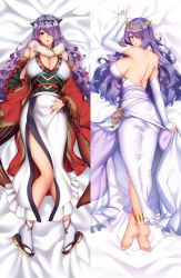 Rule 34 | 1girl, anklet, blush, breasts, camilla (fire emblem), commission, dakimakura (medium), dress, elbow gloves, fire emblem, fire emblem fates, full body, gloves, hair ornament, hair over one eye, japanese clothes, jewelry, large breasts, long hair, looking at viewer, lying, megatama, multiple views, nintendo, obi, on back, parted lips, purple eyes, purple hair, sandals, sash, shawl, side slit, smile, tabi, tiara, very long hair, wavy hair, wedding dress, white dress, white gloves, wide sleeves, zouri