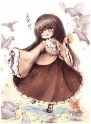 Rule 34 | 2girls, bird, bird feeding, black hair, blue skirt, bow, bowtie, bread, brown eyes, commentary request, food, frilled skirt, frilled sleeves, frills, full body, hair bow, head tilt, highres, holding, holding food, horn ornament, horns, houraisan kaguya, ibuki suika, japanese clothes, kouba, long hair, low-tied long hair, multiple girls, oni horns, pigeon, pink shirt, print skirt, red bow, red skirt, sandals, shirt, size difference, skirt, sleeves past wrists, standing, standing on one leg, straight hair, touhou, very long hair, white bow, white bowtie, white legwear, wide sleeves, zouri