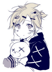 Rule 34 | 1boy, bandaid, bandaid on cheek, bandaid on face, black jacket, blonde hair, character request, check character, cropped torso, grey eyes, hair ornament, hairclip, heart, heart hair ornament, jacket, kagamine len, kuroi (liar-player), looking at viewer, male focus, negai wa itsuka asa wo koete (project sekai), parted lips, project sekai, simple background, solo, stuffed animal, stuffed toy, teddy bear, twitter username, upper body, vocaloid, white background, x hair ornament