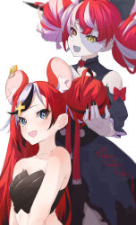 Rule 34 | 2girls, alternate hairstyle, animal ear fluff, animal ears, azusa (azunyan12), bare shoulders, black bow, black dress, black tube top, blue eyes, bow, choker, colored skin, double bun, dress, fang, grey skin, hair bow, hair bun, hairdressing, hakos baelz, heart, heart choker, highres, hololive, hololive english, hololive indonesia, kureiji ollie, long hair, mouse ears, mouse girl, mousetrap, multicolored eyes, multicolored hair, multiple girls, object through head, red bow, red eyes, red hair, single hair bun, single side bun, skin fang, stitched arm, stitched face, stitched torso, stitches, strapless, sword, sword in head, symbol-shaped pupils, torn clothes, tube top, very long hair, virtual youtuber, weapon, white hair, yellow eyes, zombie