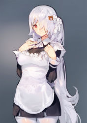 Rule 34 | 1girl, alternate costume, breasts, enmaided, girls&#039; frontline, grey background, hair over one eye, kishiyo, long hair, looking at viewer, maid, md5 mismatch, pantyhose, pk (girls&#039; frontline), ponytail, red eyes, resolution mismatch, revision, simple background, smile, solo, very long hair, white pantyhose