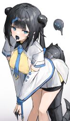Rule 34 | 1girl, absurdres, black hair, black horns, black shorts, black tail, blue eyes, blue necktie, blunt bangs, bound, bound wrists, directional arrow hair ornament, feet out of frame, highres, horns, leaning forward, long hair, looking at viewer, necktie, original, pointy ears, shiro wa (shiroshironix), shirt, shorts, sideboob cutout, simple background, slime (creature), slime (substance), tail, tongue, tongue out, white background, white shirt, yellow shirt
