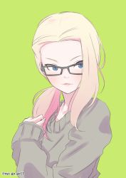 Rule 34 | 1girl, absurdres, bespectacled, black-framed eyewear, blonde hair, blue eyes, clara (girls und panzer), commentary, girls und panzer, glasses, green background, grey sweater, hair over shoulder, highres, lips, long hair, long sleeves, looking at viewer, one-hour drawing challenge, oze (xyz go go11), parted lips, simple background, smile, solo, sweater, twitter username, upper body