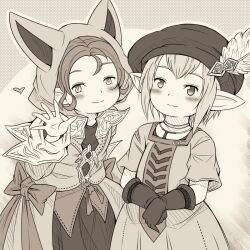 Rule 34 | 2girls, bow, closed mouth, collar, cowboy shot, dress, erechan, final fantasy, final fantasy xiv, gloves, greyscale, hand up, hat, heart, hood, hood up, krile mayer baldesion (ff14), lalafell, leaning forward, long sleeves, looking at viewer, medium hair, monochrome, multiple girls, outstretched hand, own hands together, pointy ears, short sleeves, side-by-side, smile, spread fingers, tataru taru