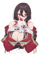 Rule 34 | 1girl, bandaged arm, bandages, black hair, breasts, cleavage, clothing cutout, covered mouth, cropped torso, dorainatto, flying sweatdrops, fox mask, hair between eyes, highres, kunoichi kaen, large breasts, last origin, looking away, mask, mole, mole on breast, ninja, red eyes, scar, scar across eye, scar on face, shoulder cutout, simple background, solo, upper body, white background