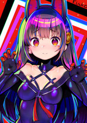 Rule 34 | 1girl, abstract background, absurdres, animal ears, bare shoulders, black hair, blush, braid, breasts, claw pose, collarbone, dohna dohna issho ni warui koto o shiyou, dress, elbow gloves, fake animal ears, gloves, hair ornament, hands up, heart stickers, highres, kuka, latex, lips, long hair, medium breasts, mibu kikuchiyo, multicolored eyes, neck, off-shoulder dress, off shoulder, red eyes, single braid, skin tight, solo, sticker on face, upper body