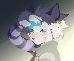 Rule 34 | 1girl, absurdres, anaquariusart, animal ears, arm up, cat ears, cat nose, claws, cropped torso, earrings, elh melizee, facial mark, forehead mark, fur-trimmed sleeves, fur trim, furry, furry female, glowing, gradient background, highres, jewelry, light particles, little tail bronx, looking at viewer, purple nails, scarf, short hair, slit pupils, solatorobo, solo, sphere earrings, striped, striped sleeves, white hair, yellow eyes