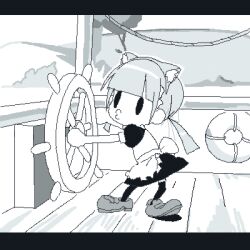 Rule 34 | 1girl, animal ears, apron, cat ears, commentary request, disney, full body, greyscale, innertube, letterboxed, lokulo-chan (lokulo no mawashimono), lokulo no mawashimono, lowres, monochrome, original, parody, puckered lips, puffy short sleeves, puffy sleeves, ship, short sleeves, solid oval eyes, solo, steamboat willie, steering wheel, style parody, swim ring, twintails, waist apron, watercraft