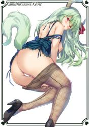 Rule 34 | 1girl, absurdres, alternate costume, ass, bare arms, bare shoulders, black footwear, blue dress, blush, breasts, censored, character name, clothes pull, dress, ex-keine, feet out of frame, female pubic hair, from behind, green hair, heart, high heels, highres, horn ornament, horn ribbon, horns, kamishirasawa keine, large breasts, long hair, looking at viewer, looking back, monety, nipples, pantyhose, pantyhose pull, parted lips, pubic hair, red eyes, red ribbon, ribbon, scan, see-through, simple background, single horn, smile, solo, strap slip, tail, thighs, touhou, white background