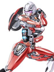Rule 34 | 1girl, absurdres, arcee, artist name, autobot, blue eyes, breasts, clays (clayschan), dual wielding, eye trail, gun, highres, holding, holding gun, holding weapon, light trail, looking ahead, mecha, medium breasts, robot, science fiction, shadow, solo, transformers, transformers: rise of the beasts, transformers (live action), weapon, white background