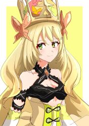 Rule 34 | 1girl, absurdres, bare shoulders, blonde hair, border, breasts, butterfly hair ornament, celine (fire emblem), crown, detached sleeves, dress, fire emblem, fire emblem engage, flower, green eyes, hair flower, hair ornament, highres, long hair, looking at viewer, nintendo, outside border, small breasts, smile, solo, to (tototo tk), upper body, very long hair, white border, yellow background
