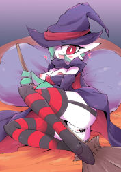 Rule 34 | 1girl, ass, bed sheet, between legs, black footwear, blush, breasts, broom, cape, censored, creatures (company), dress, fang, female focus, game freak, gardevoir, garter straps, gen 3 pokemon, green hair, hair over one eye, hat, heart, ikanomaru, looking at viewer, lying, medium breasts, nintendo, nipples, no panties, on side, pillow, pokemon, pokemon (creature), pokemon rse, purple dress, purple hat, pussy, pussy juice, red eyes, red thighhighs, shoes, short hair, smile, solo, striped clothes, striped thighhighs, teeth, thighhighs, witch hat