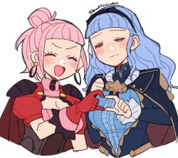 Rule 34 | 2girls, ^ ^, blue hair, blush, breasts, capelet, cleavage, cleavage cutout, closed eyes, clothing cutout, do m kaeru, earrings, embarrassed, fire emblem, fire emblem: three houses, fire emblem warriors: three hopes, gloves, hair bun, heart, heart hands, heart hands duo, hilda valentine goneril, jewelry, large breasts, marianne von edmund, multiple girls, nintendo, pink hair