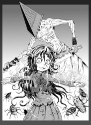 Rule 34 | 1girl, :d, alessa gillespie, bug, burning clothes, fire, gloves, great knife, greyscale, highres, holding, holding knife, ikuramaru, knife, long hair, long sleeves, monochrome, monster, neck ribbon, open mouth, outstretched arms, pleated skirt, pyramid head, ribbon, shirt, silent hill, silent hill (movie), silent hill (series), skirt, smile, spread arms, very long hair
