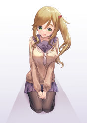 Rule 34 | 1girl, blonde hair, blue skirt, blush, breasts, green eyes, hair between eyes, highres, inuyama aoi, large breasts, looking at viewer, mejina, open mouth, pantyhose, sailor collar, side ponytail, sitting, skirt, solo, wariza, white background, yurucamp
