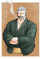 Rule 34 | 1boy, alternate costume, beard, cigar, collarbone, cropped torso, crossed arms, facial hair, green kimono, hands in opposite sleeves, highres, japanese clothes, kimono, kokorozashi, pectoral cleavage, male focus, mature male, muscular, muscular male, one piece, pectorals, scar, scar on chest, short hair, sideburns, smoke, smoker (one piece), smoking, solo, stubble, white hair