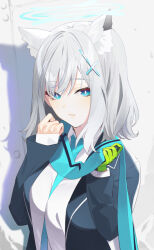 Rule 34 | 1girl, animal ear fluff, animal ears, between breasts, blue archive, blue eyes, blue jacket, blue necktie, blue scarf, breasts, breasts squeezed together, collared shirt, cross hair ornament, dress shirt, gloves, green gloves, grey hair, hair between eyes, hair ornament, halo, highres, jacket, light smile, long sleeves, looking at viewer, medium breasts, medium hair, necktie, necktie between breasts, open clothes, open jacket, parted lips, scarf, school uniform, shimon (31426784), shiroko (blue archive), shirt, single glove, solo, white shirt, wing collar, wolf ears