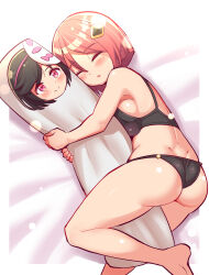 2girls ass azure_striker_gunvolt bare_shoulders barefoot black_hair blush bra breast_press breasts cameo closed_eyes cougar_(cougar1404) dakimakura_(medium) dimples_of_venus from_behind gal_gun gal_gun_(series) gal_gun_double_peace hair_ornament hug hugging_object kamizono_maya mask mask_on_head medium_breasts multiple_girls nowa_(gunvolt) pillow pillow_hug pink_hair red_eyes short_hair sideboob smile solo_focus thong underwear