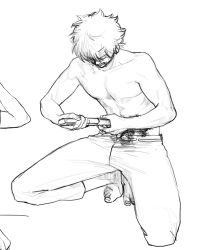 Rule 34 | 1boy, barefoot, blood, collarbone, full body, gintama, godzillapigeon1, greyscale, highres, holding, holding sword, holding weapon, injury, leaning forward, male focus, monochrome, open mouth, pants, pectorals, sakata gintoki, seppuku, short hair, simple background, sketch, solo, squatting, sword, teeth, topless male, two-handed, weapon, white background