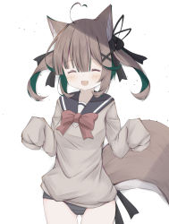 Rule 34 | 1girl, :d, ^ ^, ahoge, animal ear fluff, animal ears, bad id, bad pixiv id, black ribbon, black sailor collar, blush, bow, breasts, brown shirt, closed eyes, commentary request, cowboy shot, facing viewer, fang, gluteal fold, green hair, hair between eyes, hair ornament, hair ribbon, hairclip, heart, heart ahoge, long sleeves, multicolored hair, no pants, open mouth, original, red bow, ribbon, risu (ritharte), sailor collar, school swimsuit, shirt, simple background, sleeves past wrists, small breasts, smile, solo, standing, swimsuit, swimsuit under clothes, tail, two-tone hair, white background, x hair ornament