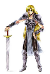 Rule 34 | 1girl, adk, armor, blonde hair, blue eyes, breastplate, full body, holding, holding sword, holding weapon, janne d&#039;arc, knight, leather, leather pants, long hair, pants, penzoom, self-upload, shiny clothes, skin tight, skirt, snk, solo, sword, weapon, world heroes