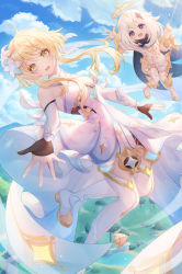 Rule 34 | 2girls, absurdres, ahoge, bare shoulders, blonde hair, boots, breasts, cloud, detached sleeves, dress, fang, fingerless gloves, floating, floating hair, flower, genshin impact, gloves, hair flower, hair ornament, highres, long hair, looking at viewer, lumine (genshin impact), medium hair, multiple girls, nalukikiki, open mouth, paimon (genshin impact), purple eyes, skin fang, sky, small breasts, thigh boots, thighhighs, twitter username, waving, white dress, white footwear, white hair, yellow eyes