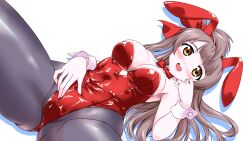 Rule 34 | 1girl, animal ears, bare shoulders, black pantyhose, bow, bowtie, breasts, brown eyes, brown hair, cleavage, commentary request, detached collar, hair bow, highres, leotard, long hair, looking at viewer, love live!, lying, medium breasts, minami kotori, one side up, open mouth, pantyhose, playboy bunny, rabbit ears, red bow, red bowtie, red leotard, round teeth, simple background, solo, spread legs, strapless, strapless leotard, teeth, upper teeth only, white background, wrist cuffs, yukimura hajime